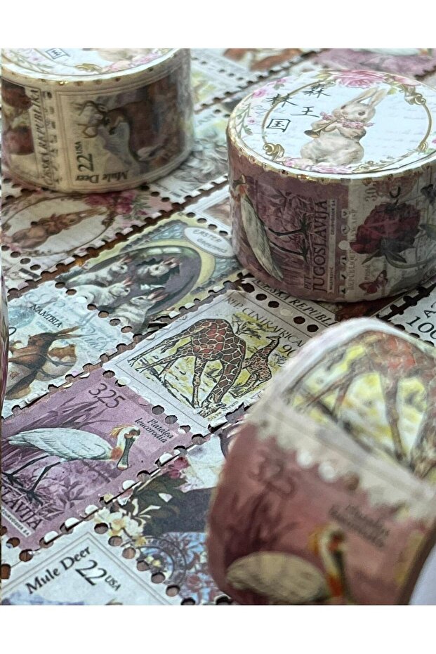 Tavşan Desenli Tek Tek Çıkartmalı 5m Pul Sticker Washi Bant/Etiket/Çıkartma/Desenli Bant - 4