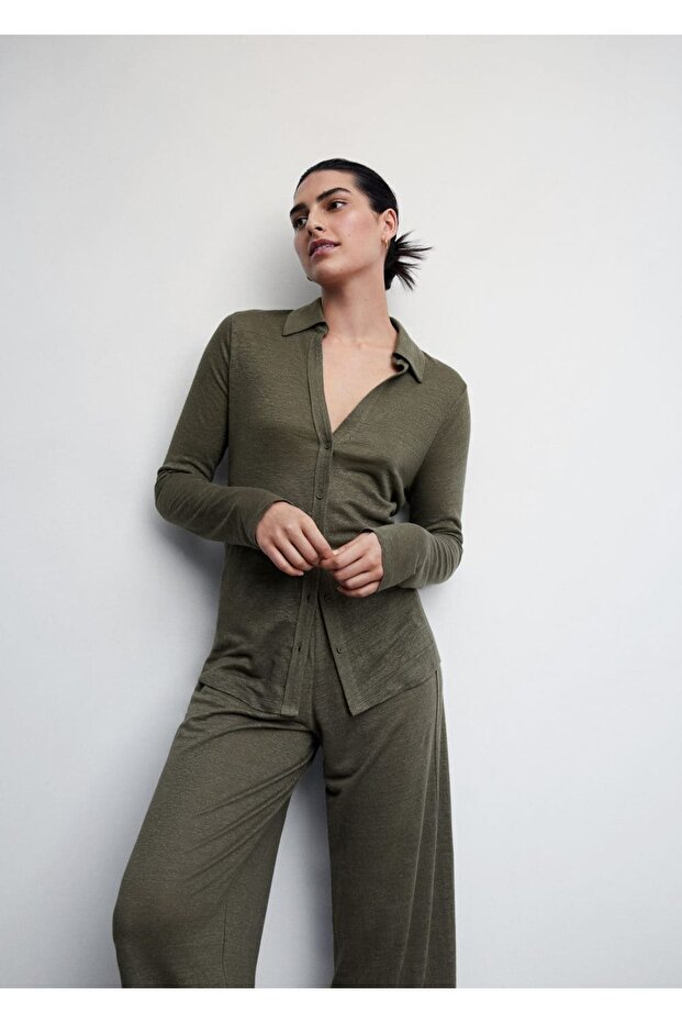 V Yaka Keten Gömlek - 5