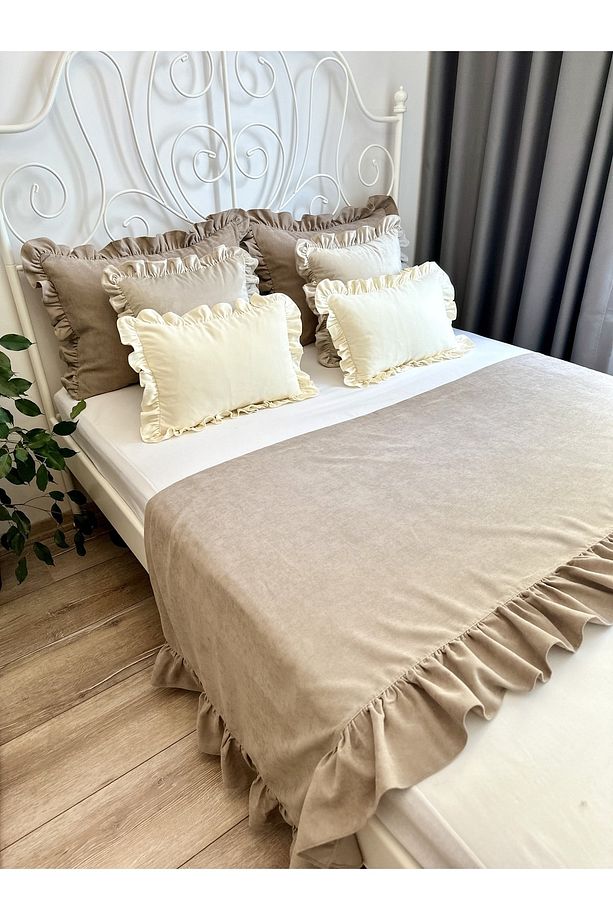Sütlü Kahve Fırfırlı Yatak Runner Kırlent Seti Yatak Şalı Yatak Örtüsü Set Çift Kişilik - 5
