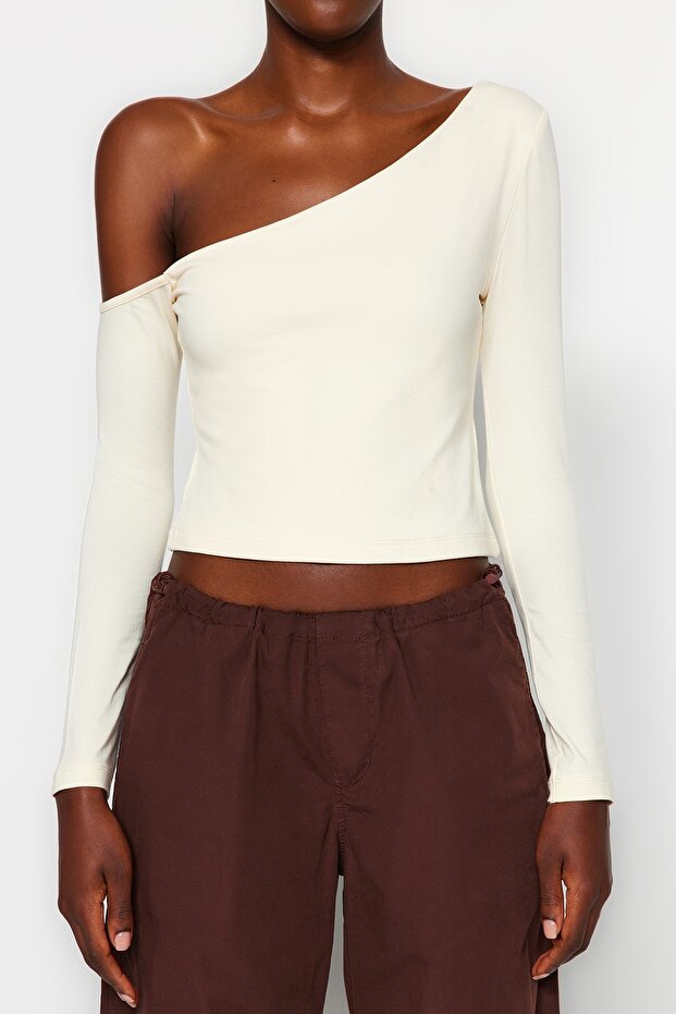 Taş Tek Omuz Pamuklu Esnek Fitted/Vücuda Oturan Crop Örme Bluz TWOAW24BZ00099 - 5