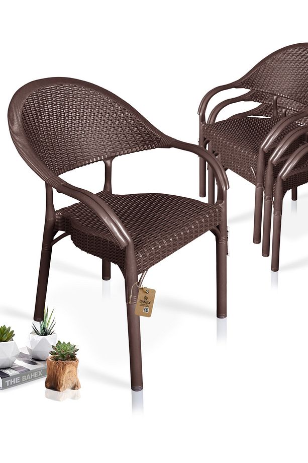 Bambu Rattan Kollu Sandalye Koltuk 4 Adet Dayanıklı Bahçe Sandalyesi Kahve - 1