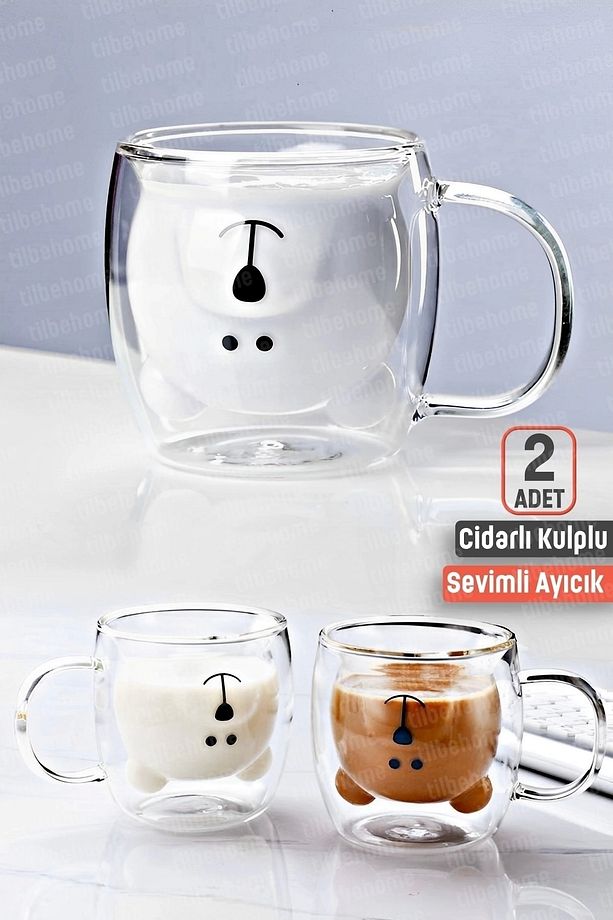 2li Çift Cidarlı Süt Çay Kahve Su Bardağı Sevimli Ayıcık Figürlü Kulplu Isıya Dayanıklı Kupa Bardak - 1