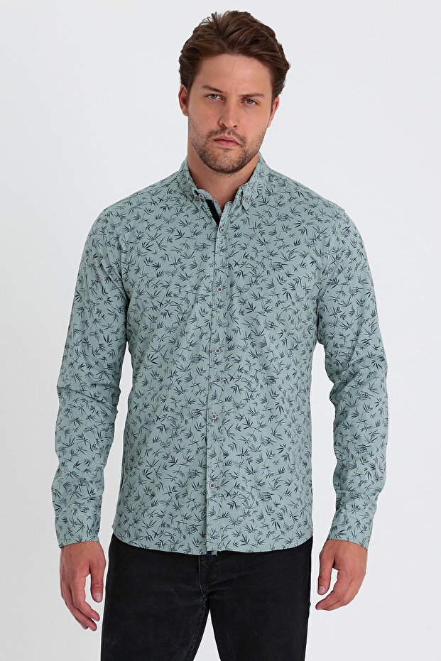 Men's Green-Navy Blue Slim Fit Slim Fit 100% Cotton Button Collar Printed Shirt