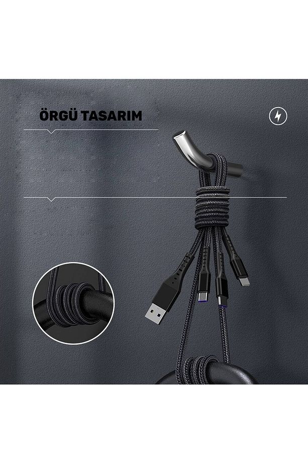 Huawei Xiaomi Samsung Iphone Uyumlu 5A Örgü Hasır Çoklu Şarj Kablosu Type-c Micro Lightning - 3