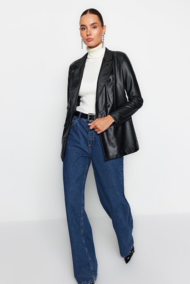 Czarna marynarka ze sztucznej skóry z regularną podszewką i podwójnym zapięciem, tkana marynarka TWOAW21CE0156 - 7