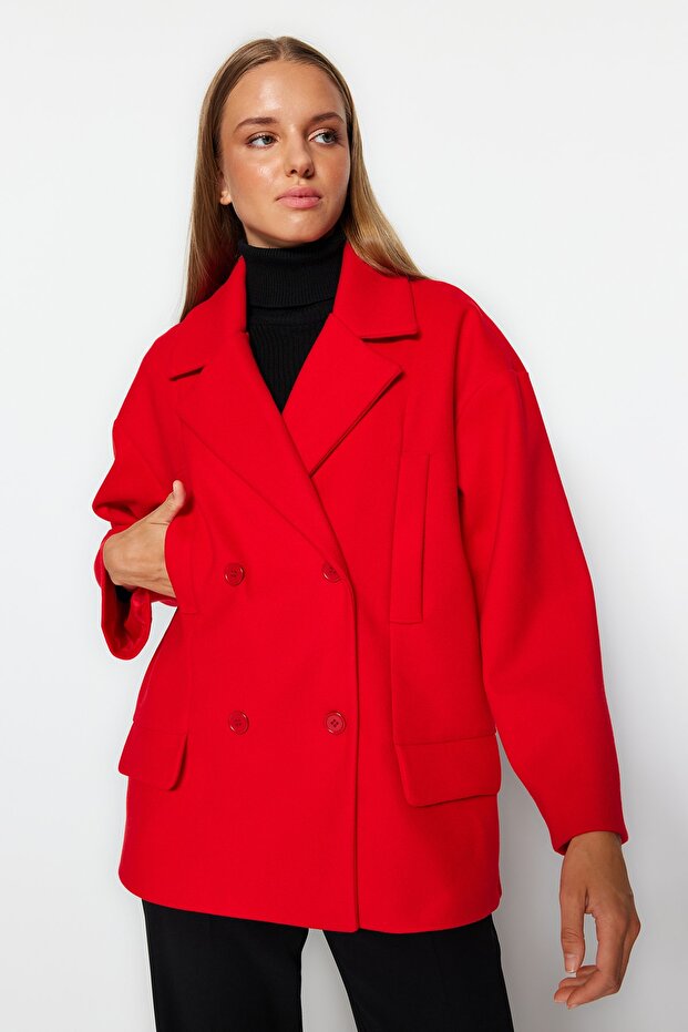 Red Oversize Wide Cut Stamp Coat TWOAW24KB00132