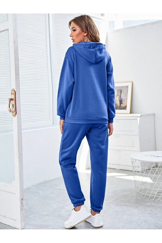 Basic Düz Takımı Sweatshirt Jogger - Sax Mavi Oversize Şardonlu Kapüşonlu - 2