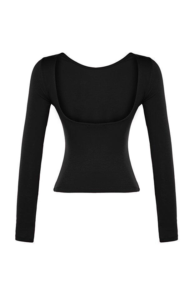 Siyah Pamuklu Esnek Sırt Dekolteli Fitted/Vücuda Oturan Esnek Bluz TWOAW24BZ00160 - 8