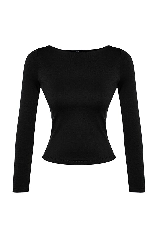Siyah Pamuklu Esnek Kayık Yaka Fitted/Vücuda Oturan Esnek Örme Bluz TWOAW24BZ00166 - 6