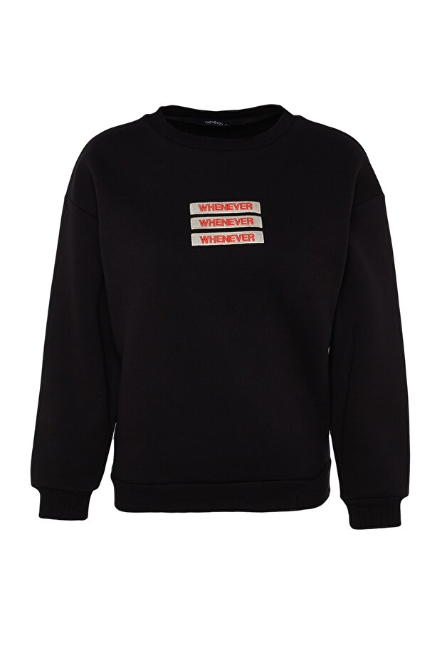 Siyah Kalın İçi Polarlı Slogan Nakışlı Relaxed/Rahat Kalıp Örme Sweatshirt TWOAW22SW1464 - 7