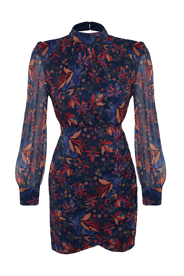 Modré šaty s vysokým límcem Boho Woven na zimu TWOAW23EL01482 - 7