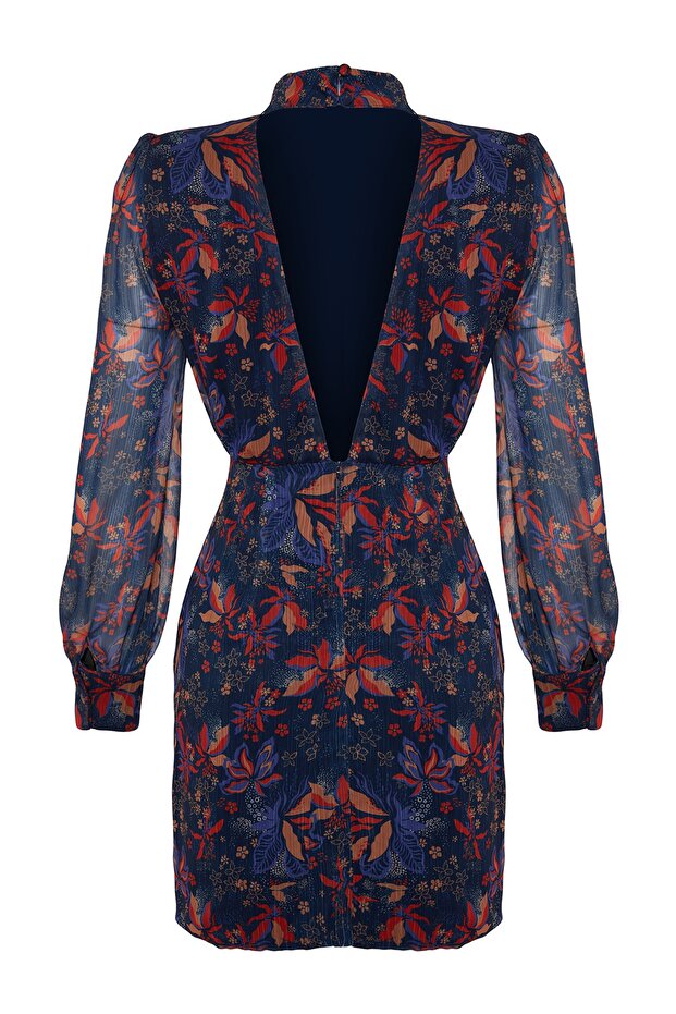 Modré šaty s vysokým límcem Boho Woven na zimu TWOAW23EL01482 - 8