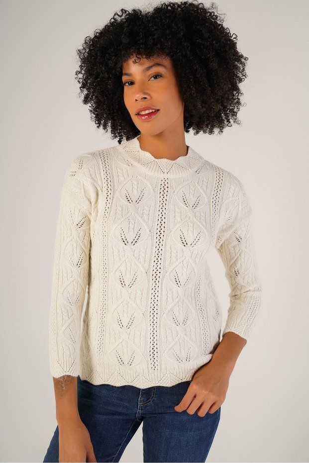 Bone Women's Hair Braided Crew Neck Wool Sweater