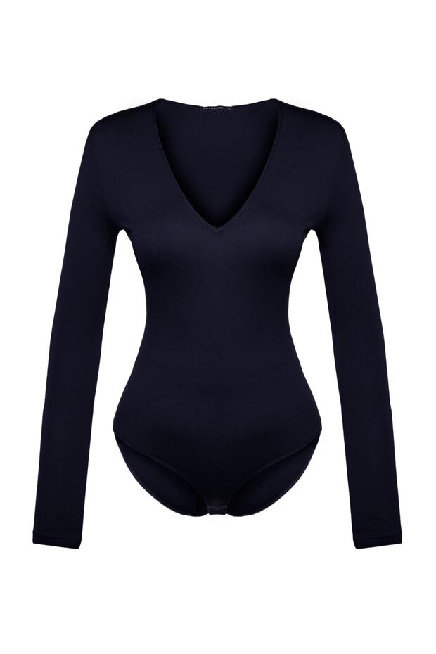 Granatowy body z głębokim dekoltem w serek i zatrzaskami TPRAW22BD0084 - 6