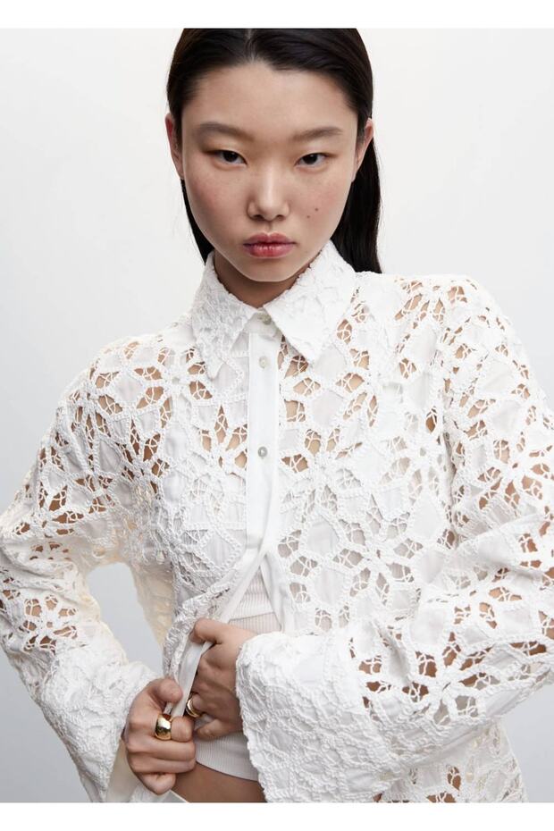 Şerit detaylı güpür gömlek - 7