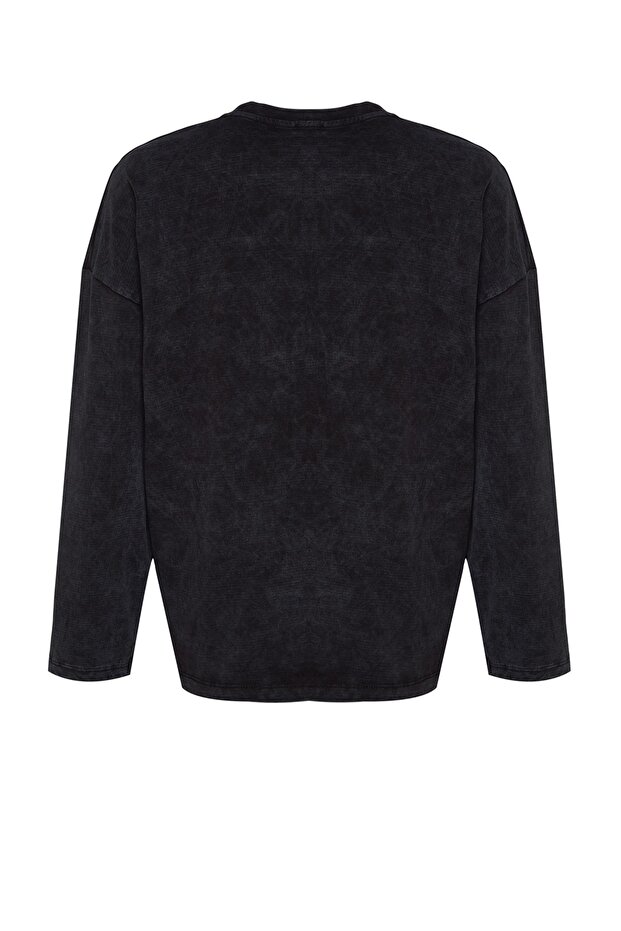 Antrasit Kalın Pamuklu Eskitme Efektli Relaxed Kalıp Bisiklet Yaka Örme T-Shirt TWOAW24TS00006 - 8