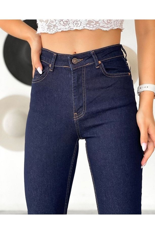 Yüksek Bel Lacivert Ispanyol Paça Kot Pantolon Likralı Esnek Jeans - 3