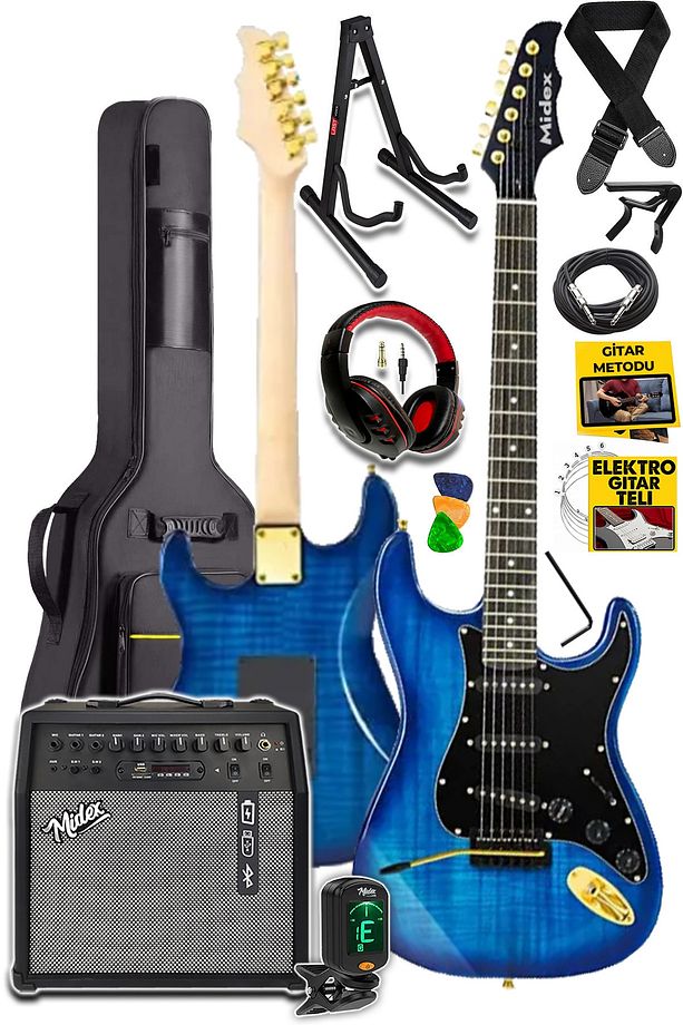 GLC-40BL-50AMP Elektro Gitar Seti 50 WATT Şarjlı BT Amfi Kulaklık ve Full SET - 1