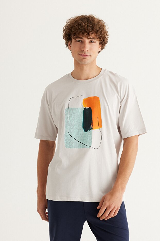 Men's Gray Oversize Loose Cut Crew Neck 100% Cotton Printed T-Shirt