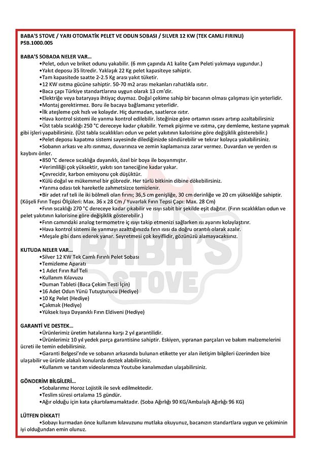 Yarı Otomatik Pelet Ve Odun Sobası / Gold 12 Kw / (TEK CAMLI FIRINLI) - 8