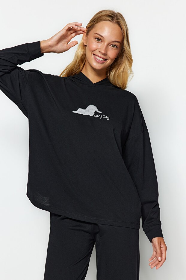 Siyah Kedi Baskılı Sweatshirt-Pantolon Örme Pijama Takımı THMAW24PT00044 - 1