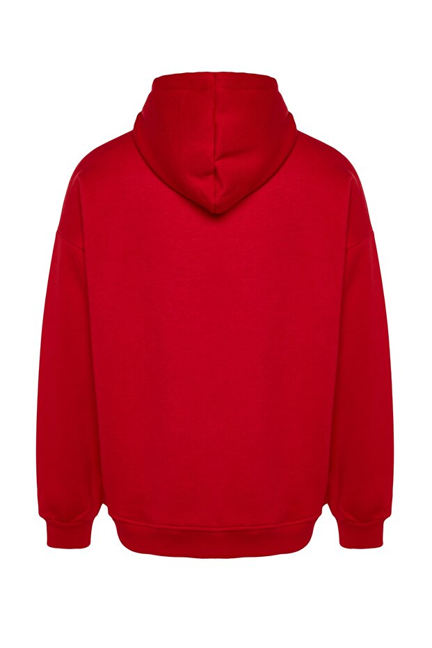 Kırmızı Oversize/Geniş Kesim Hayvan Nakışlı İçi Polar/Sıcak Tutan Pamuk Sweatshirt TMNAW24SW00097 - 7