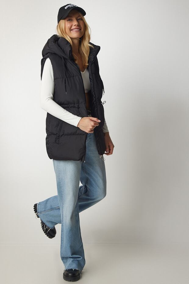 Women's Black Hooded Puffer Vest HK00024