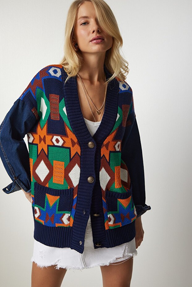 Women's Navy Blue Orange Denim Sleeve Detailed Patterned Knitwear Cardigan MX00102
