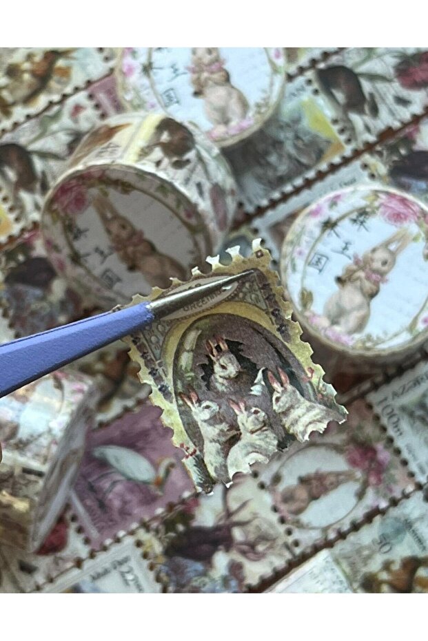 Tavşan Desenli Tek Tek Çıkartmalı 5m Pul Sticker Washi Bant/Etiket/Çıkartma/Desenli Bant - 2