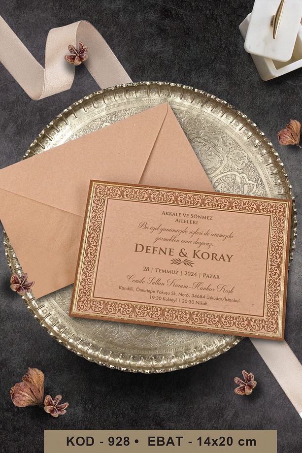 Kraft Kağıtlı Desenli Çerçeveli Düğün Davetiyesi 928 (100 Adet) Baskı Dahil - 1