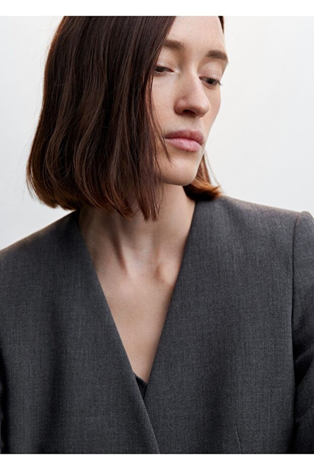 Yakasız Kumaş Ceket - 7