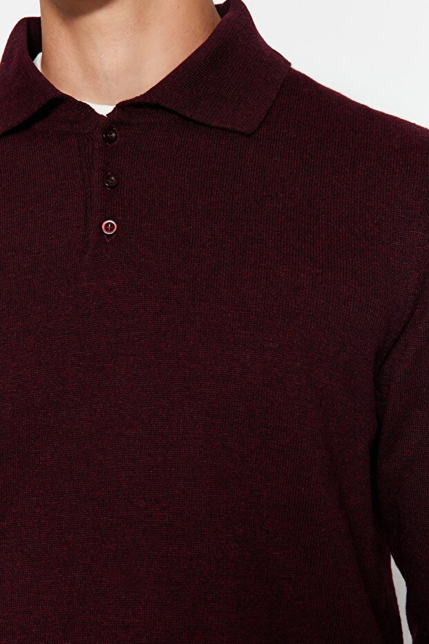 Bordo Slim Fit Yünlü Polo Yaka Düğmeli Smart Triko Kazak TMNAW23KZ00238 - 5