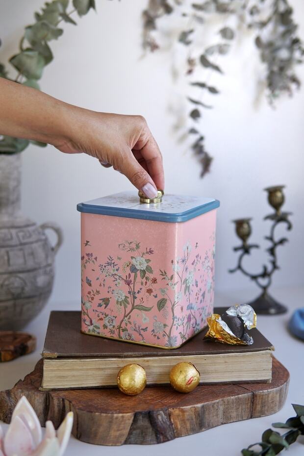 Er023-1g Botanica Pink Patterned Square Metal Storage Container 12x12 Cm