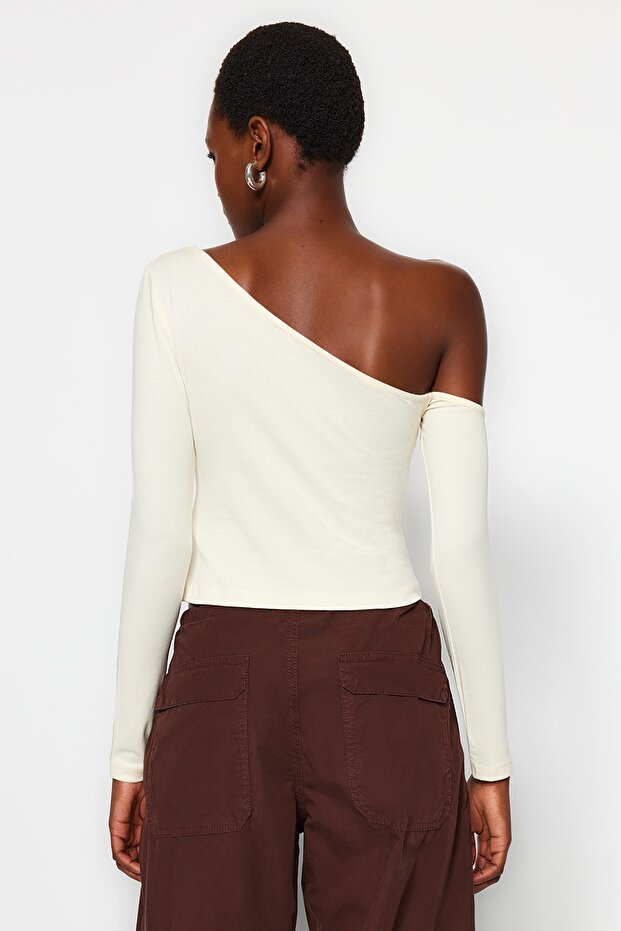 Taş Tek Omuz Pamuklu Esnek Fitted/Vücuda Oturan Crop Örme Bluz TWOAW24BZ00099 - 6