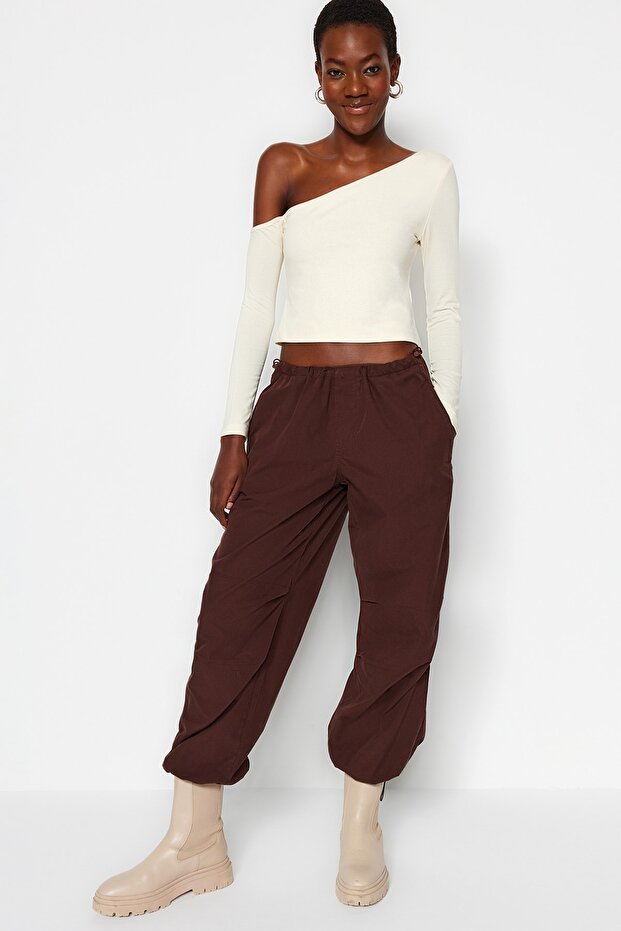 Taş Tek Omuz Pamuklu Esnek Fitted/Vücuda Oturan Crop Örme Bluz TWOAW24BZ00099 - 7