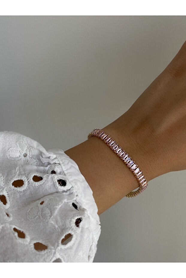 Steel Gold Pink Stone Baguette Waterway Sparkling Bracelet -Does Not Tarnish-