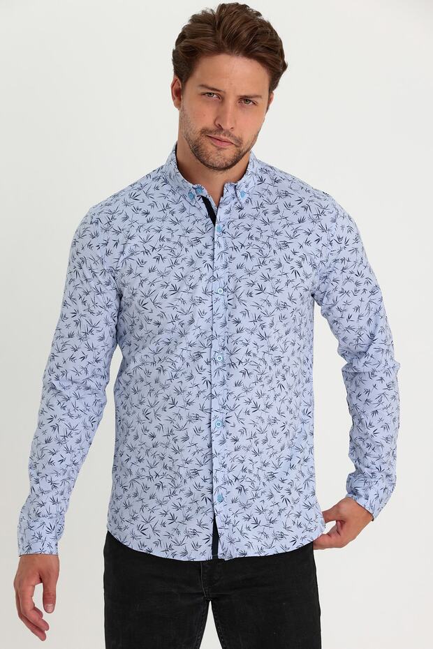 Men's Blue-Navy Blue Slim Fit Slim Fit 100% Cotton Button Collar Printed Shirt