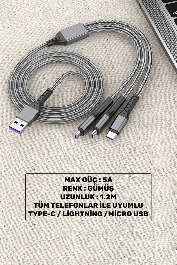 Huawei Xiaomi Samsung Iphone Uyumlu 5A Örgü Hasır Çoklu Şarj Kablosu Type-c Micro Lightning - 1