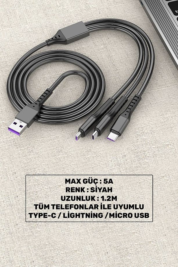 Huawei Xiaomi Samsung Iphone Uyumlu 5A Örgü Hasır Çoklu Şarj Kablosu Type-c Micro Lightning - 1