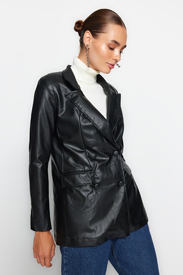 Czarna marynarka ze sztucznej skóry z regularną podszewką i podwójnym zapięciem, tkana marynarka TWOAW21CE0156 - 8