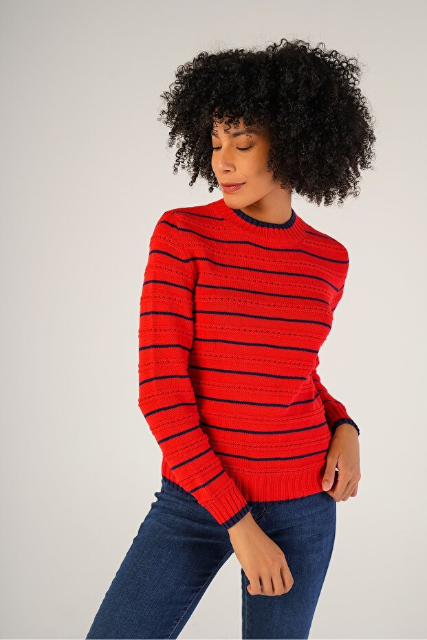 Red Women's Linxli Openwork Striped Crew Neck 100% Cotton Sweater