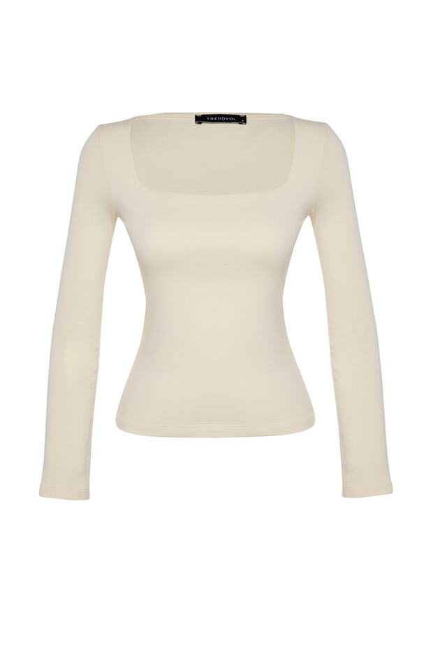 Taş Pamuklu Esnek Kare Yaka Fitted/Vücuda Oturan Örme Bluz TWOAW24BZ00016 - 6