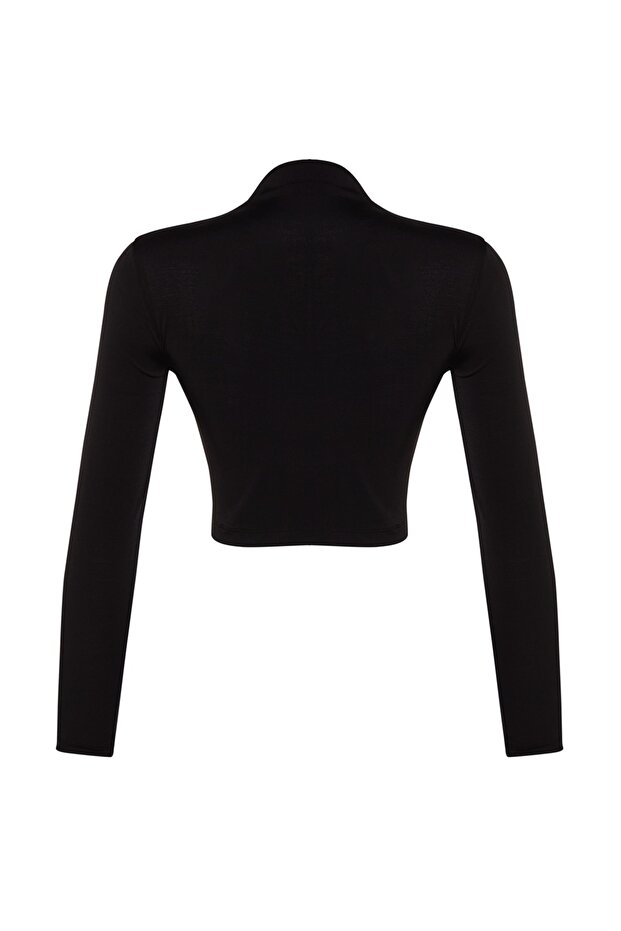 Bluză crop drapată neagră cu guler înalt TWOAW24BZ00164 - 9