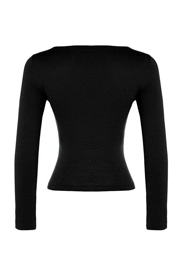 Siyah Pamuklu Esnek Kayık Yaka Fitted/Vücuda Oturan Esnek Örme Bluz TWOAW24BZ00166 - 8