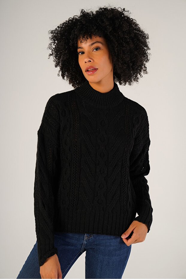Black Women's Hair Braided Half Turtleneck Wool Sweater