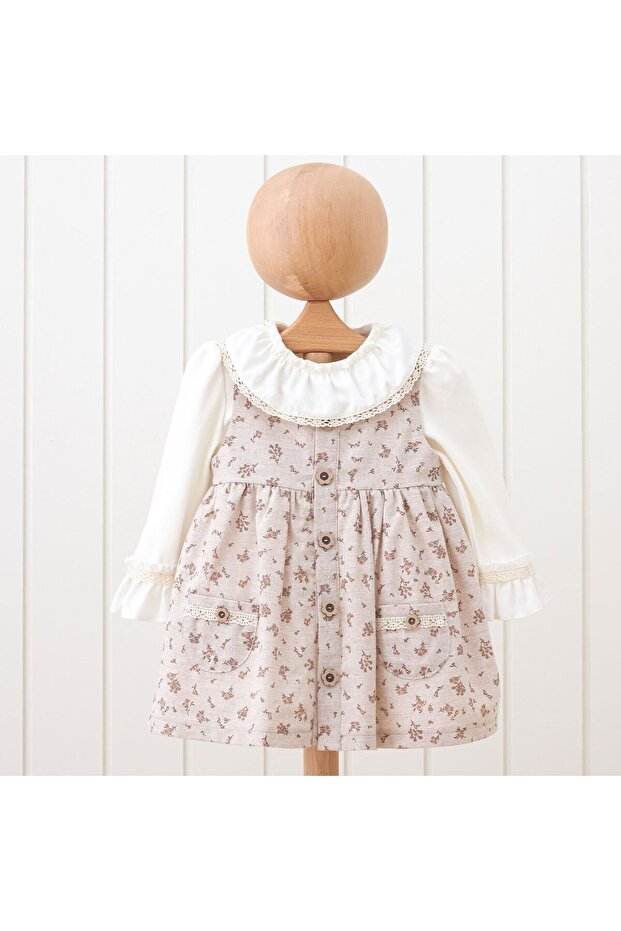 MIOMINI GIRL 6-9-12-18-24 MONTHS FRONT BUTTONED DOUBLE POCKET NATURAL GILET SUIT