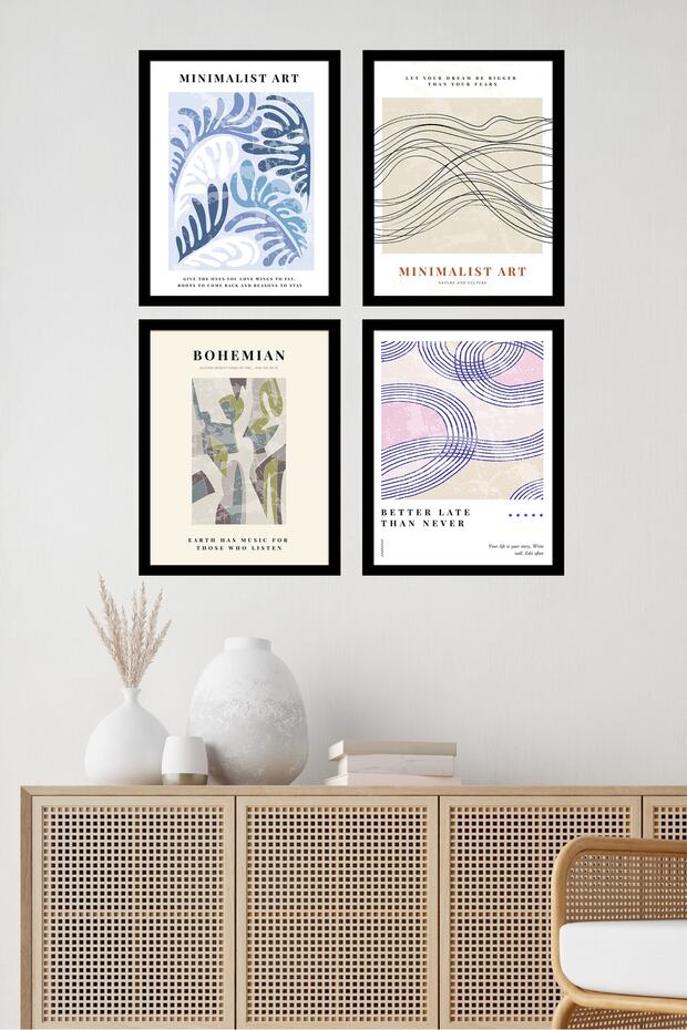 Ahşap Çerçeveli Minimalist Art 4'lü Tablo Seti D-031 - 1