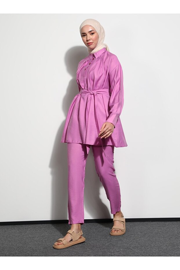Belted Half Placket Tunic & Trousers Set - Fuchsia - Benin
