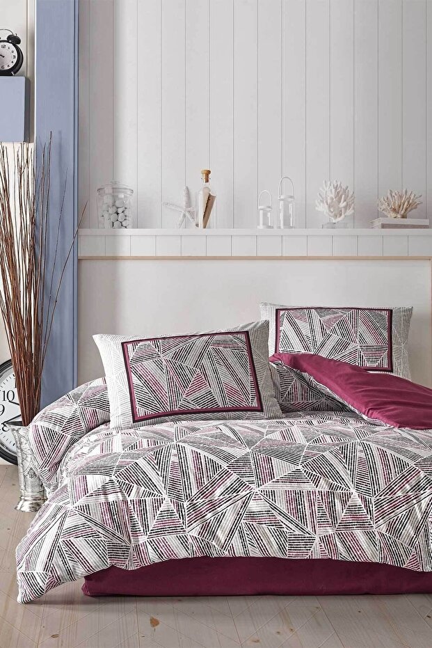 Ahenk Fitted Duvet Cover Set Double 100% Natural Cotton Ranforce 4 Pieces Plum