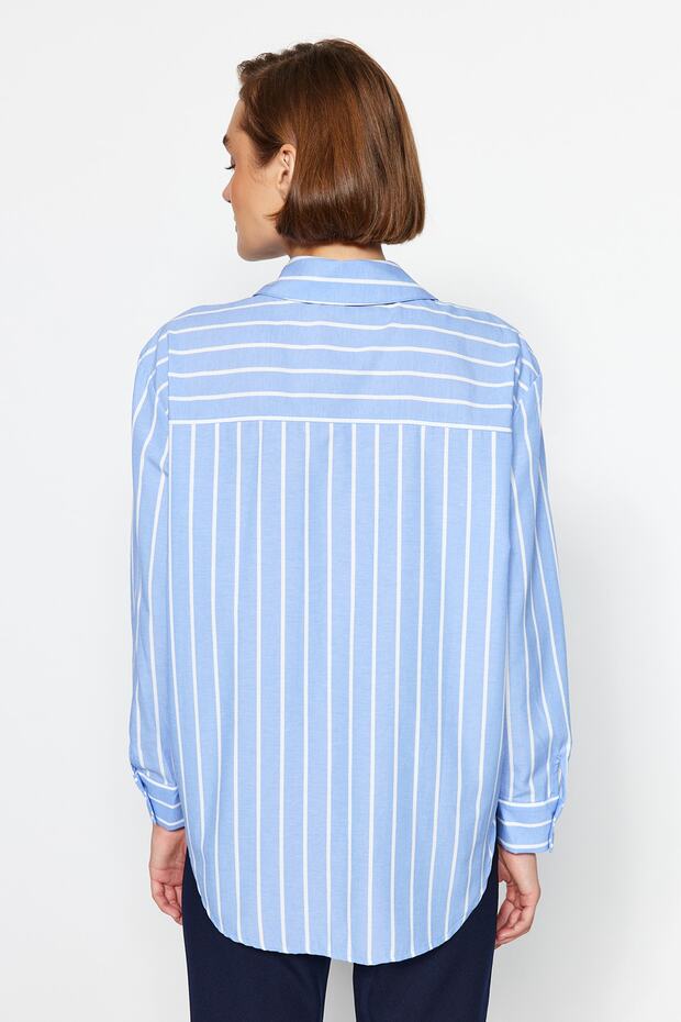 Mavi Çizgili Cepli Oversize/Geniş Kalıp Dokuma Gömlek TWOAW24GO00033 - 6